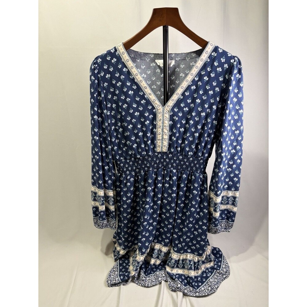 Lucky Brand Women’s Large Blue Floral Boho Peasant Maxi Dress Puff Sleeve
